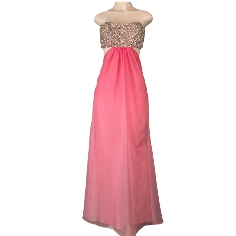 La Femme Strapless Gown Dress Jeweled Beaded Tie Top Pink Chiffon Dress SZ 2